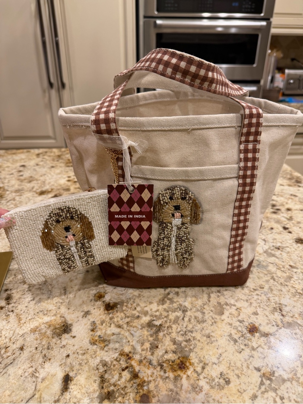 Made in India Beaded Puppy Canvas Tote with Matching Pouch - Cream & Brown